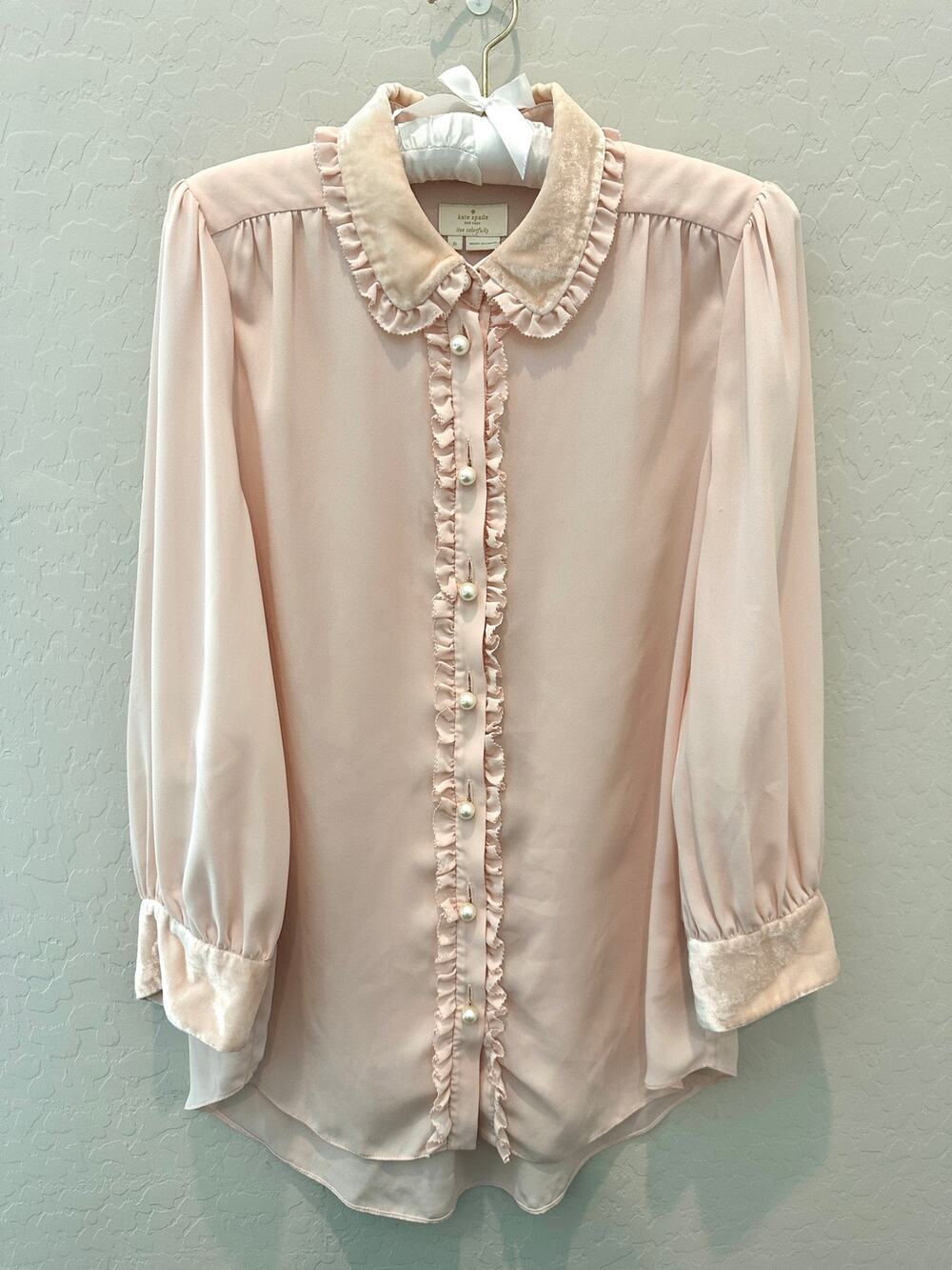 KATE SPADE Blush Pink Velvet Peter Pan Collar Pearl Ruffle Blouse Balletcore